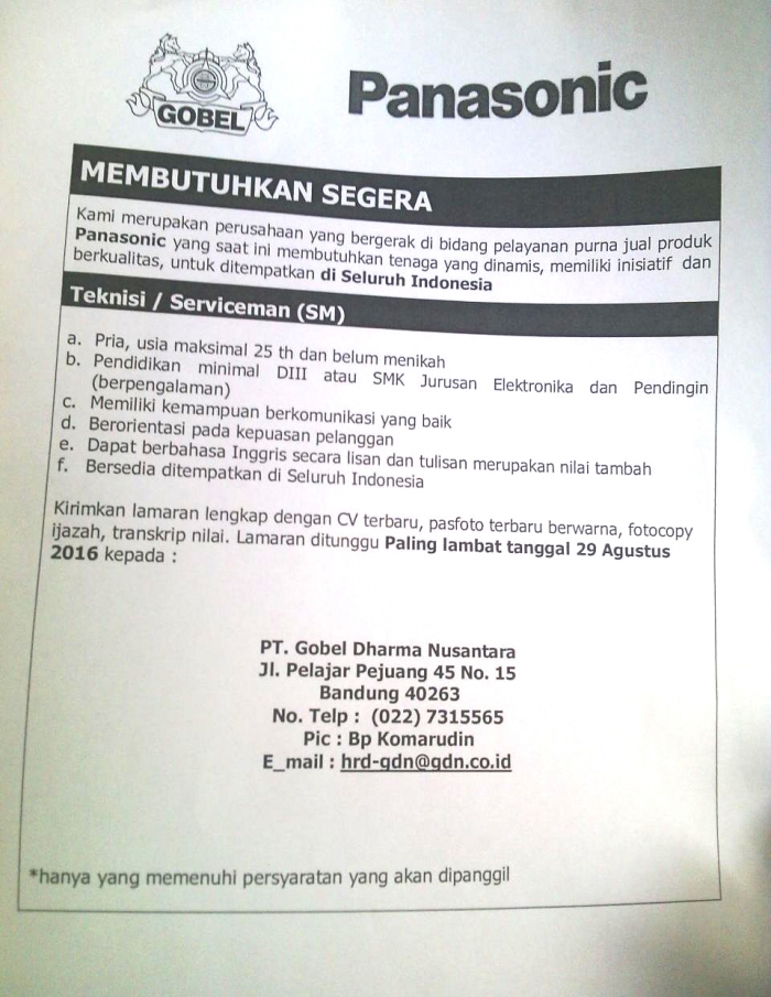 Lowongan Kerja PT. GOBEL DHARMA NUSANTARA (Panasonic Gobel)